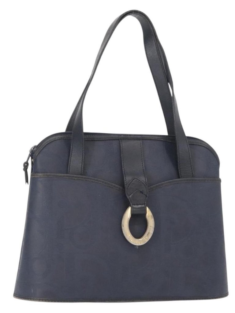 Christian Dior Hand Bag Leather Navy Gold Auth 151674